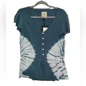 Chaser Teal & White Tie-Dye Button Front Blouse Woman’s Medium NWT PTP 18.5”